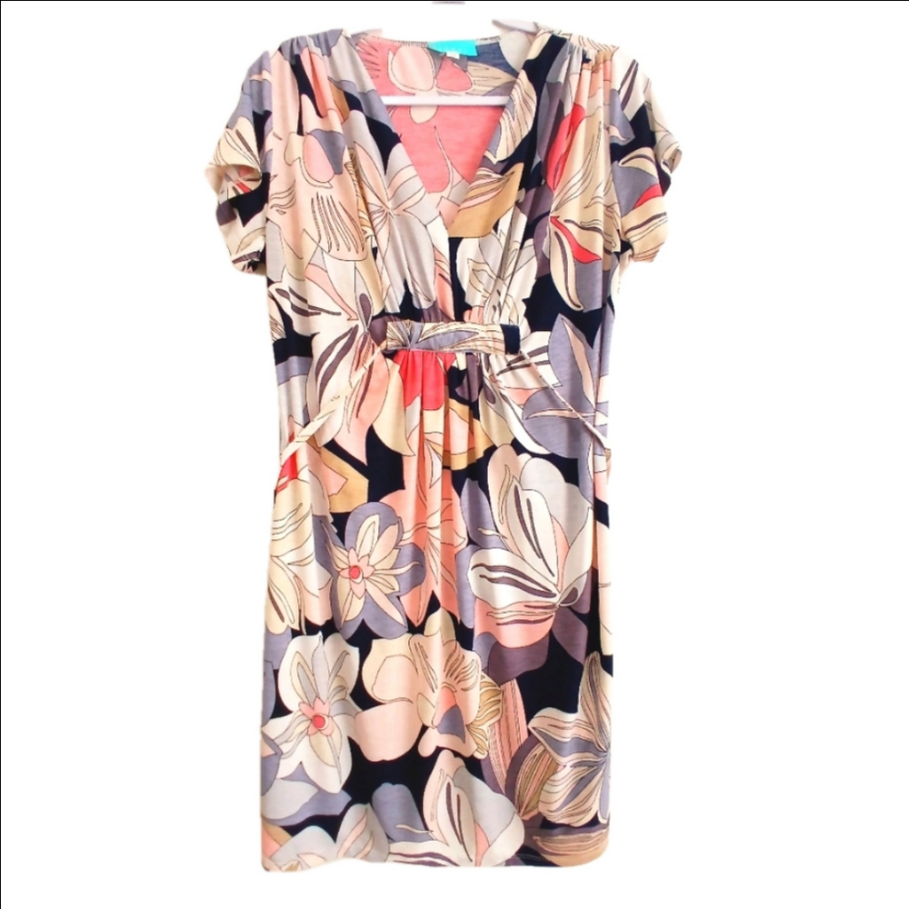 CARRY Floral Multicolor Dress Empire Waist Tie, Shirt Sleeves Sz L
